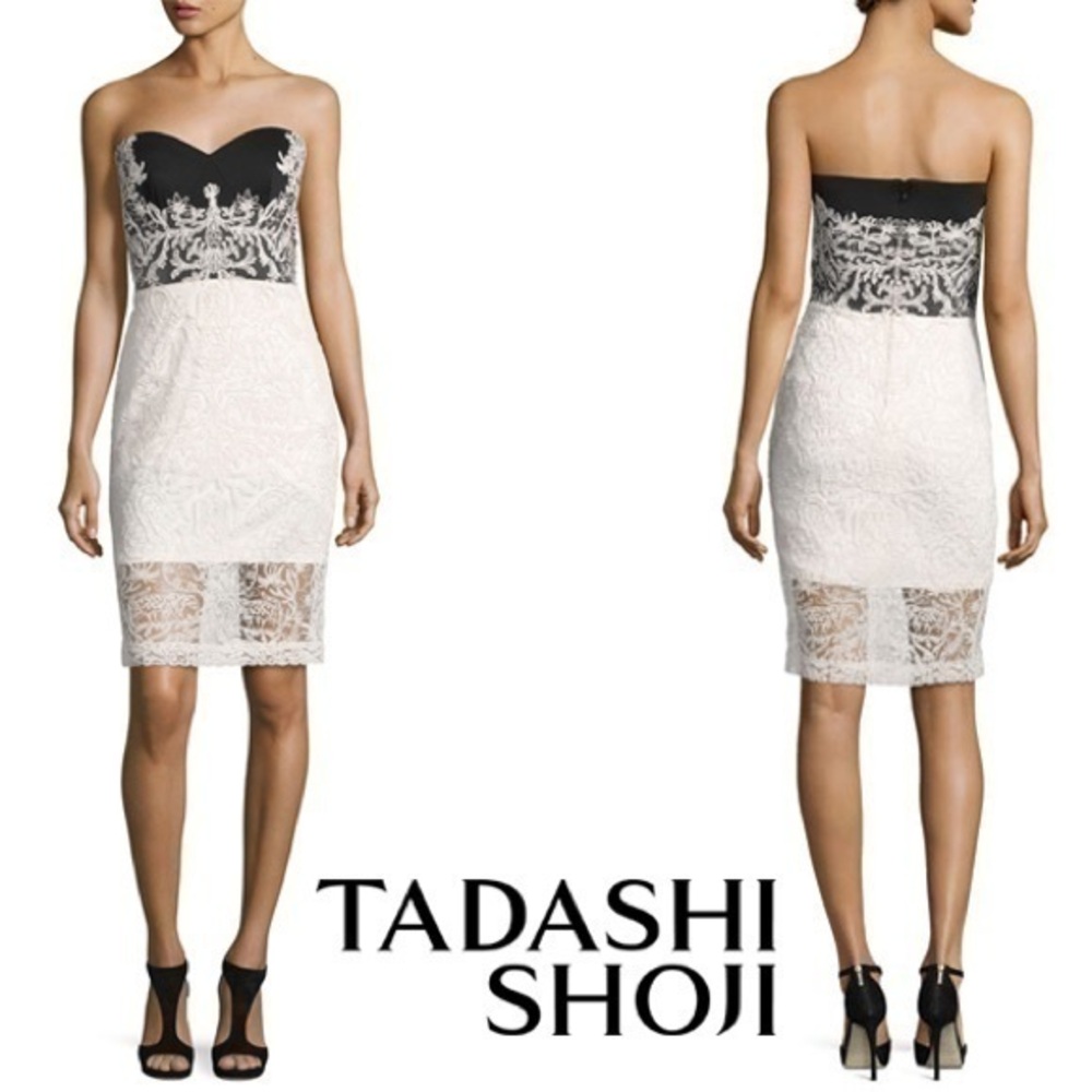 Tadashi Shoji NWOT Strapless White Black Lace Sleeveless Mini Dress XS (00)
